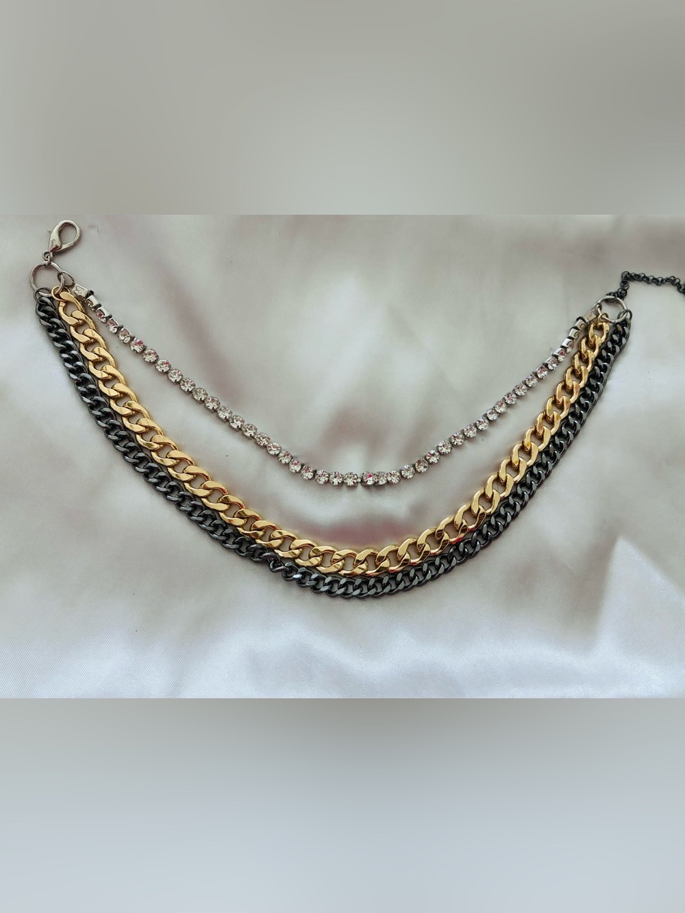 Multi-Chain Layered Necklace with Gold, Silver and Black Chains